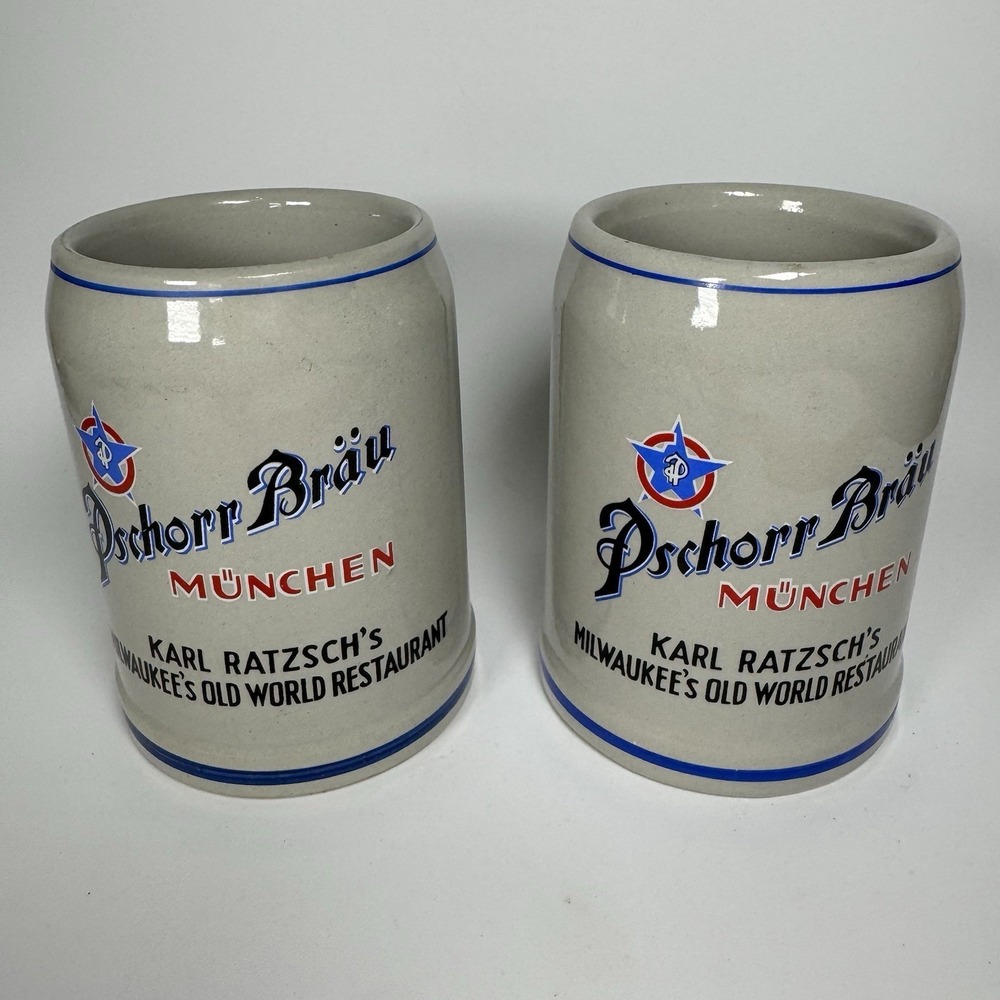 Pair Vtg Pschorr Brau Munchen Beer Mug Stein West Germany 0.5 Liter Stoneware